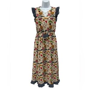 THML Retro Mod Office Print Fit and Flare Ruffle Sleeve Midi Dress - S